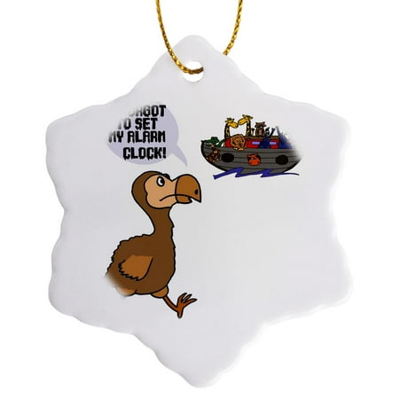 3drose, Funny Cute Dodo Bird Misses the Boat Noahs Ark Alarm Clock Cartoon, 3 inch Snowflake Porcelain Ornament