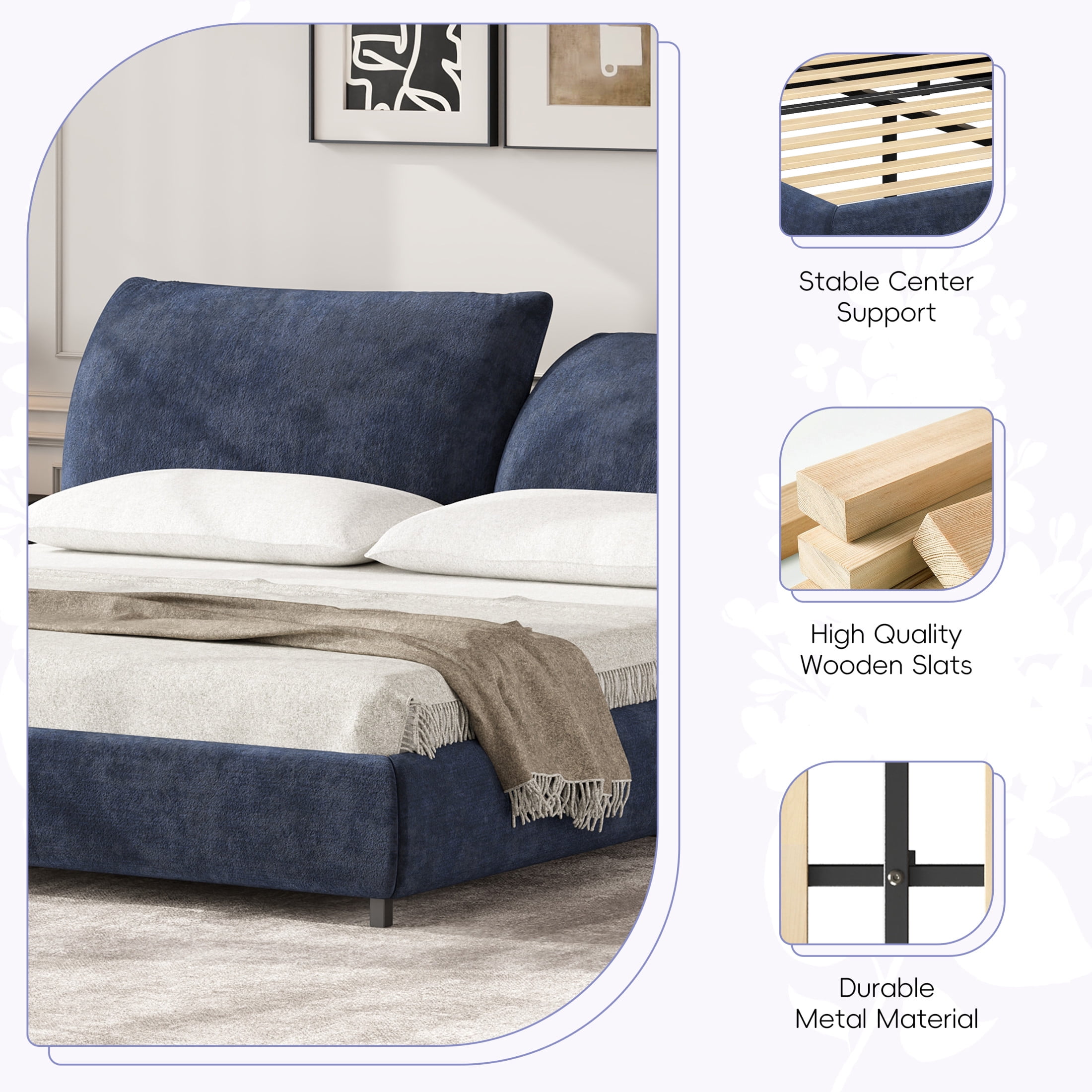 Christopher Knight Home Minimalist Upholstered King Bed Frame with Adjustable Cushions, Dark Blue