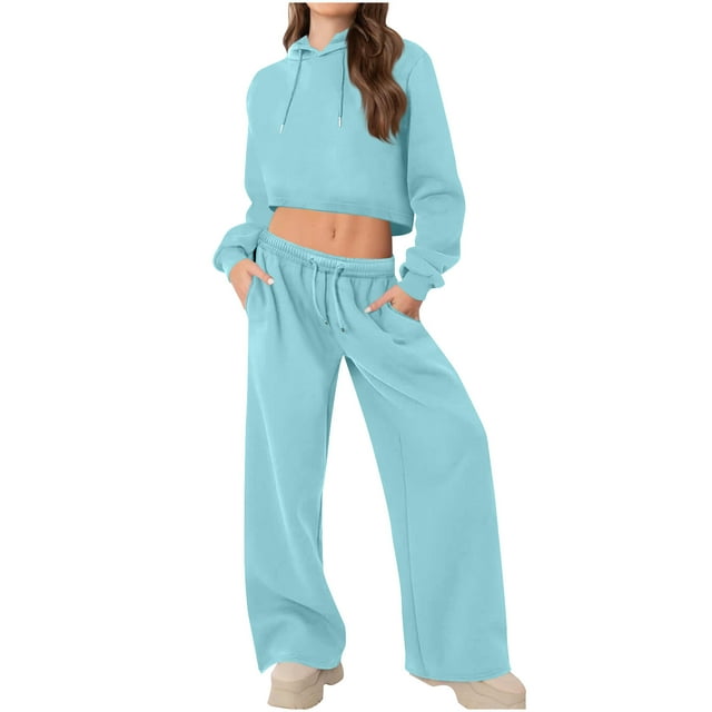 HAiming 2 Piece Sets Outfits for Womens Cropped Hoodies Tops and Wide Leg Pants with Pockets Solid Color Tracksuit
