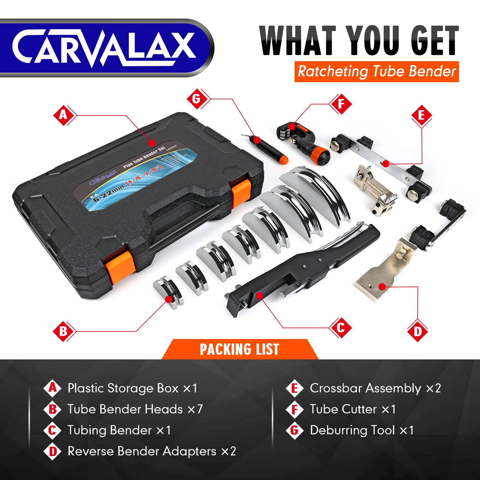 Carvalax Aluminum Pipe Tube Bender Set with 7 Electroplated Bender Heads, for 1/4” to 7/8” O.D, 90° Ratcheting Tubing Bender w/Reverse Bending Adapters, for HVAC, Air Conditioning, and Hydraulic Work