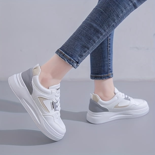 Mujeres Moda Color Bloqueo Tablero Zapatos Para Exterior, Comodidad Antideslizante Cordones Zapatos Planos, Casual Versátil Zapatos Deportivos