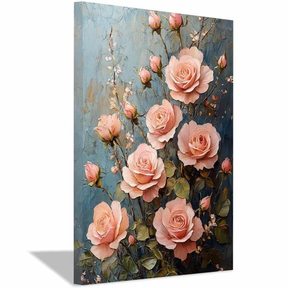 Mudket Blush Pink Rose Canvas Wall Art, flower poster, Framed Floral Print, Vintage Flower Wall Decor for Living Room Bedroom, Ready to Hang - 12"L x 8"W