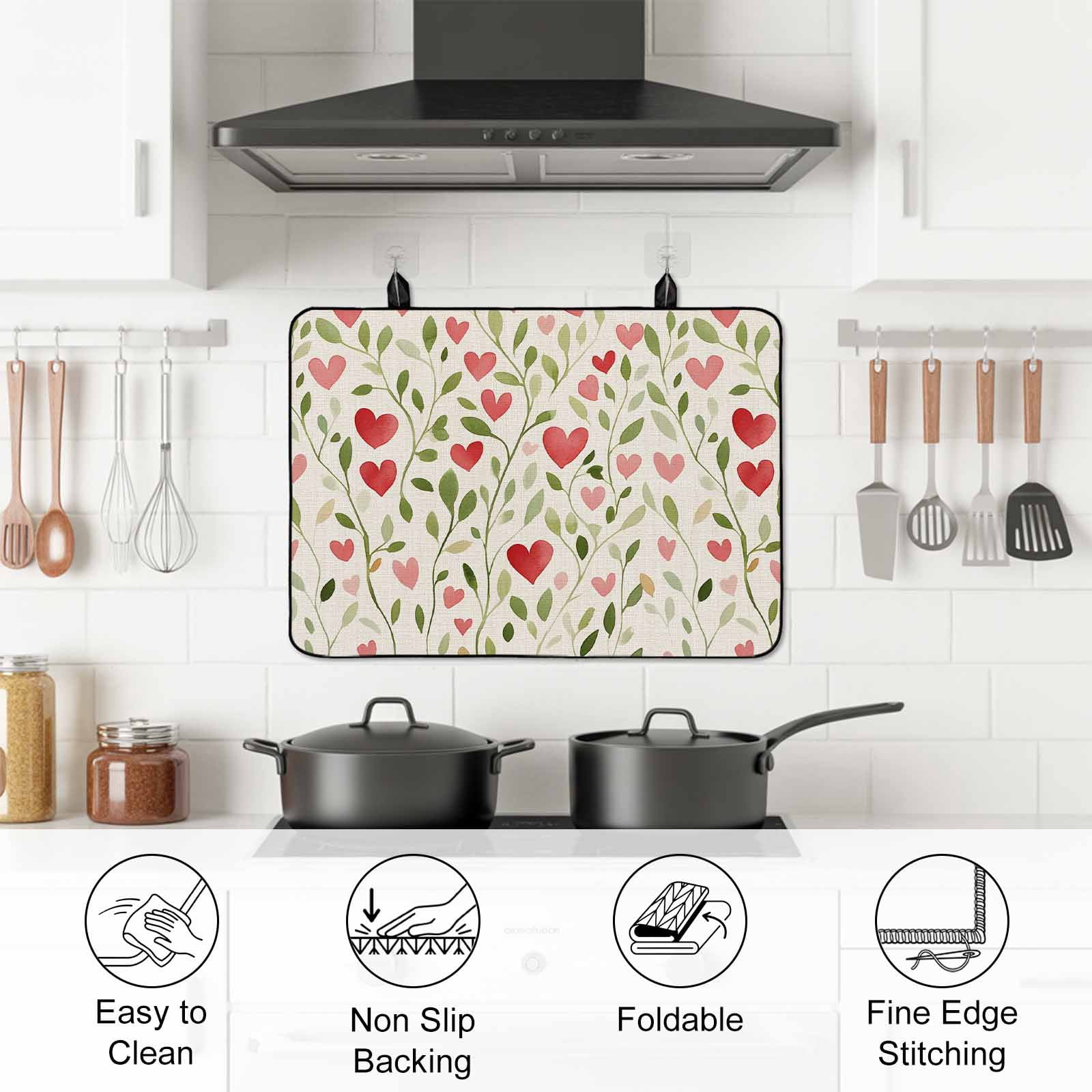 Love Heart Valentines Stove Top Cover for Electric Stove, Heat-proof & Non Slip Glass Top Stove Cover Protector, Rustic Botanical Spring Kitchen Flat Cooktop Rubber Mat 24x21 Inches