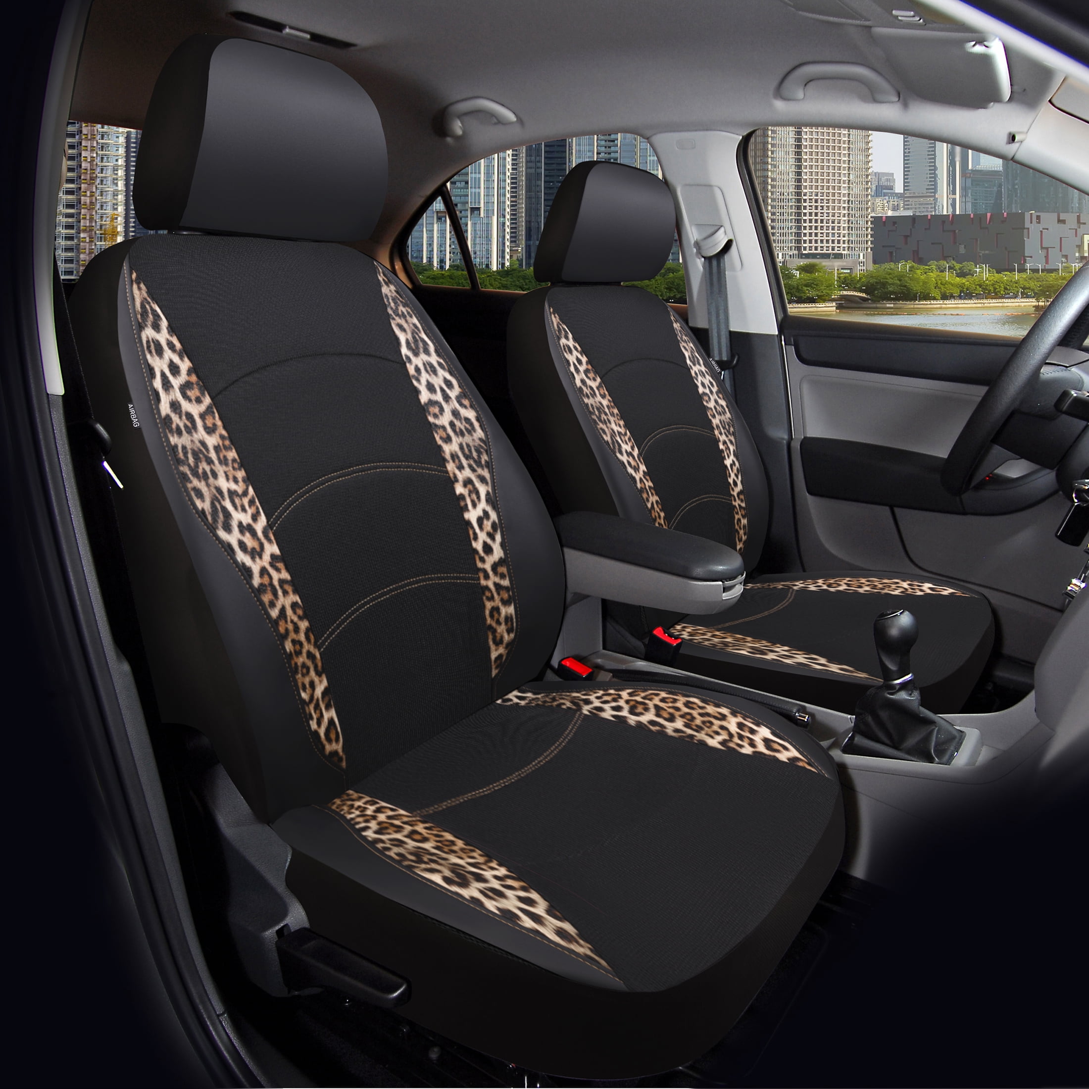 Auto Drive Leopard Leatherette & Black Waffle Fabric Front Car Seat Cover, Universal Fit for Cars Trucks and Suvs,2 pack