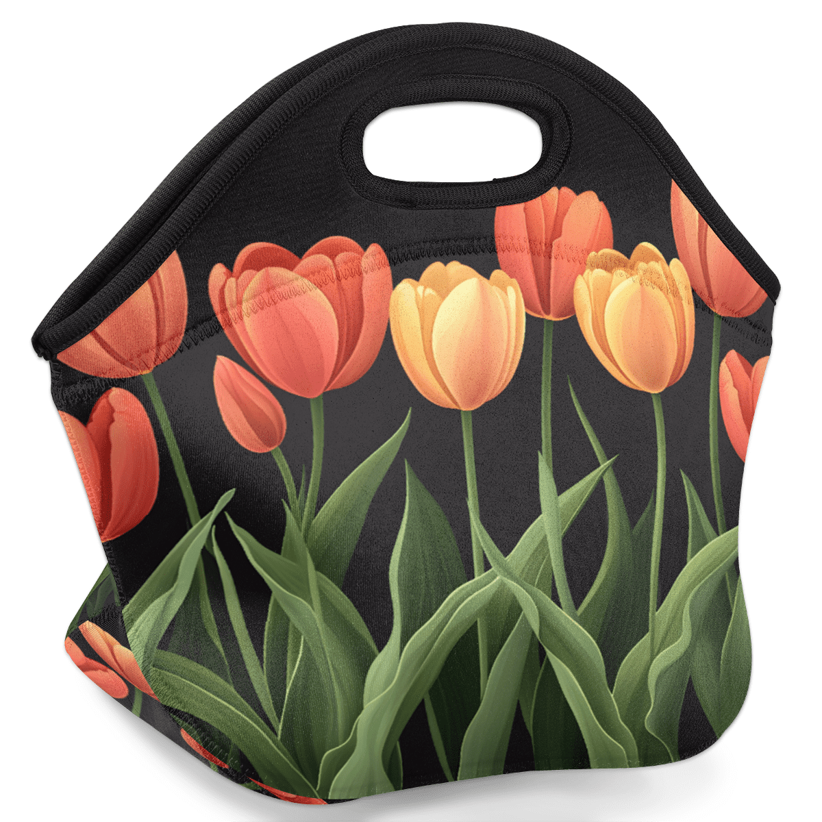 Herdesigns Floral Insulated Lunch Bag Neoprene Lunch Box for Women Men Soft Cooler Bag Tulip Flower Washable Lunch Tote for Work Outdoor Picnic