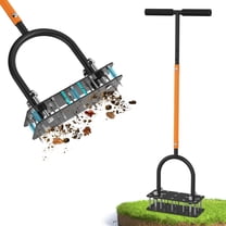 Auckpure Lawn Aerator & Aerator Lawn Tool - Manual Yard Aerator for Lawn with 15 Spikes, Automatic Dirt and Leaf Clean Design, Adjustable T-Handle, Pre-Assembled Lawn Aerator Tools (Black   Orange)