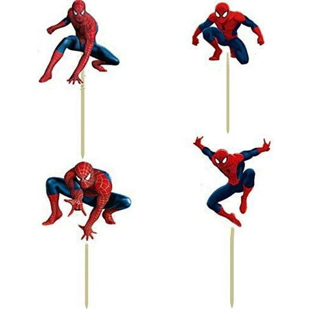 Spiderman Birthday Decoration Theme - Cupcake Spider-Man Toppers Picks 24 pcs in 4 different Spider man Figures (disposable paper designs)
