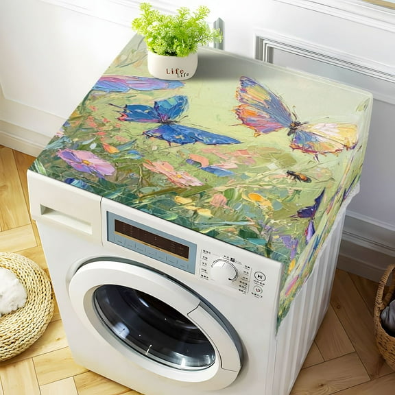 Colorful ButterflyWasher and Dryer Covers Dust-Proof and Oil Resistant Fridge Cover with 4 Storage Pockets Washing Machine Top Cover for Laundry Kitchen Home 51.2 x 22 In