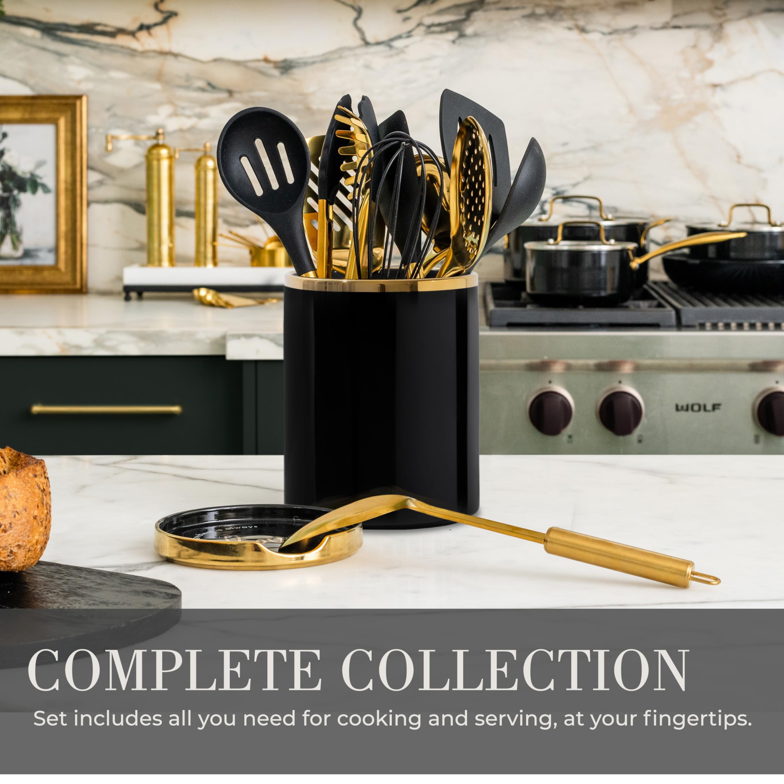 Styled Settings Black and Gold Cooking Utensils Set -13 PC Black and Gold Kitchen Utensils Set Includes Black Ceramic Utensil Holder with Stackable Black & Gold Spoon Rest - Gold Kitchen Accessories