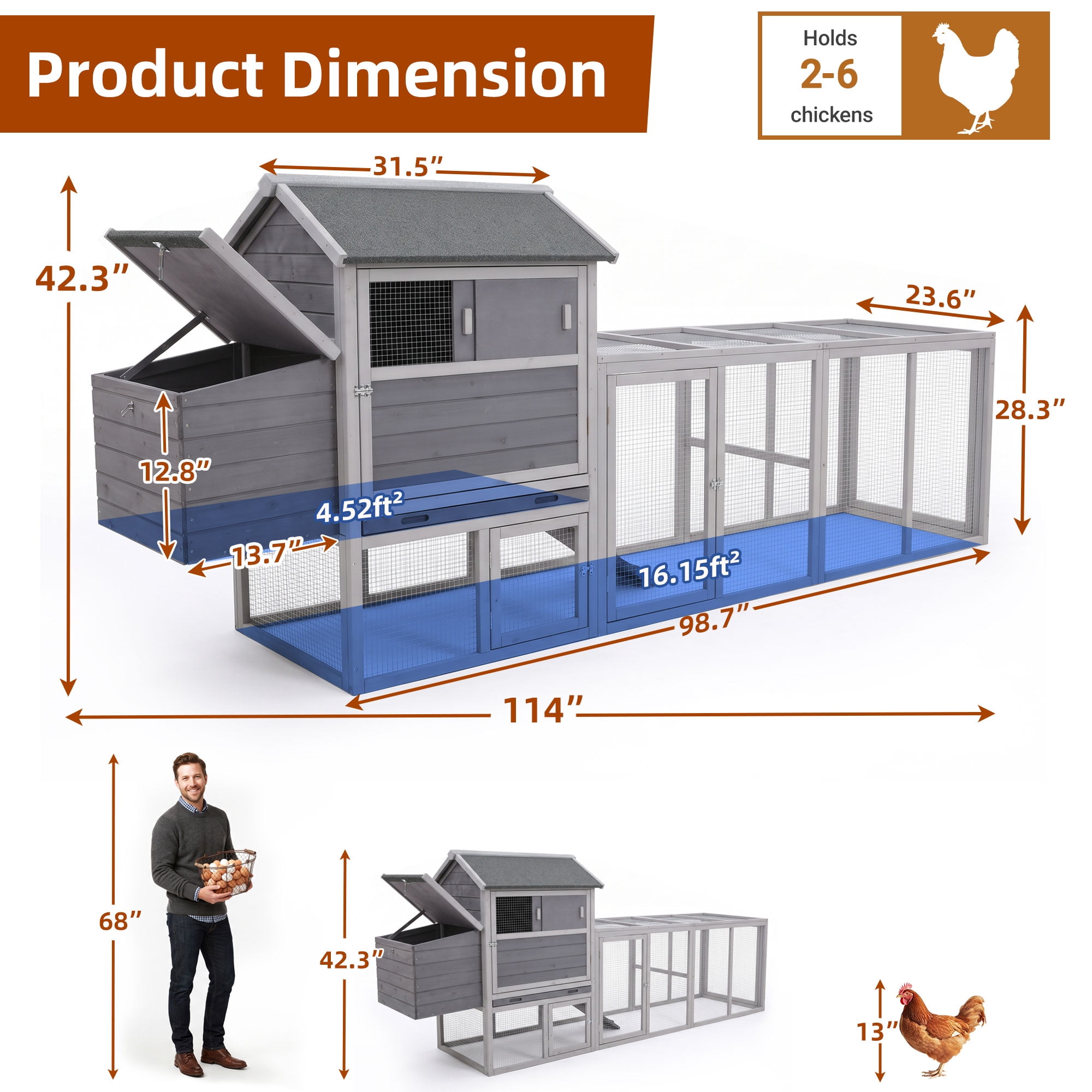 Backyard Chicken Coop with Nesting Box, Weather Resistant Wooden Hen House, Walk-In Run Options, Fits 2-6 Chickens, Gray Coop with Run