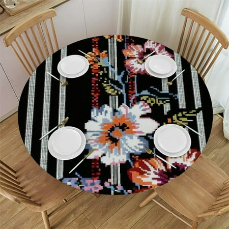 

BCIIG Flower Striped Pattern Round Table Cover Stain Resistant Washable Indoor Outdoor Tablecloth Kitchen Dining Wedding Parties 100% Polyester Elastic Edge 54 -58