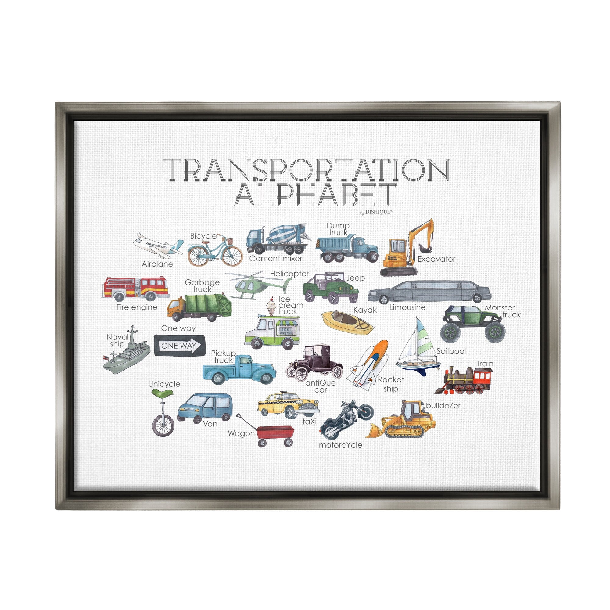 Stupell Industries Educational Transportation Alphabet Kids Learning Vehicles Cars Graphic Art Luster Gray Floating Framed Canvas Print Wall Art, Design by Dishique
