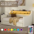 thumbnail image 3 of Twin Size Daybed with LED Headboard, PU Upholstered Corner Bed Frame with Storage Drawers and Charging Station, Sofa Bed Frame for Guest Room, Kids Room, 330LBS Weight Capacity, 3 of 9