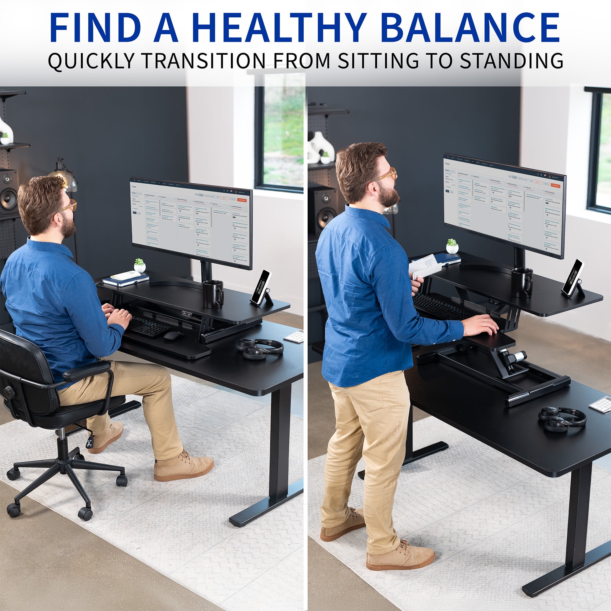 VIVO Black Electric 42" Standing Desk Monitor Riser, Dual Arm Sit Stand Tabletop