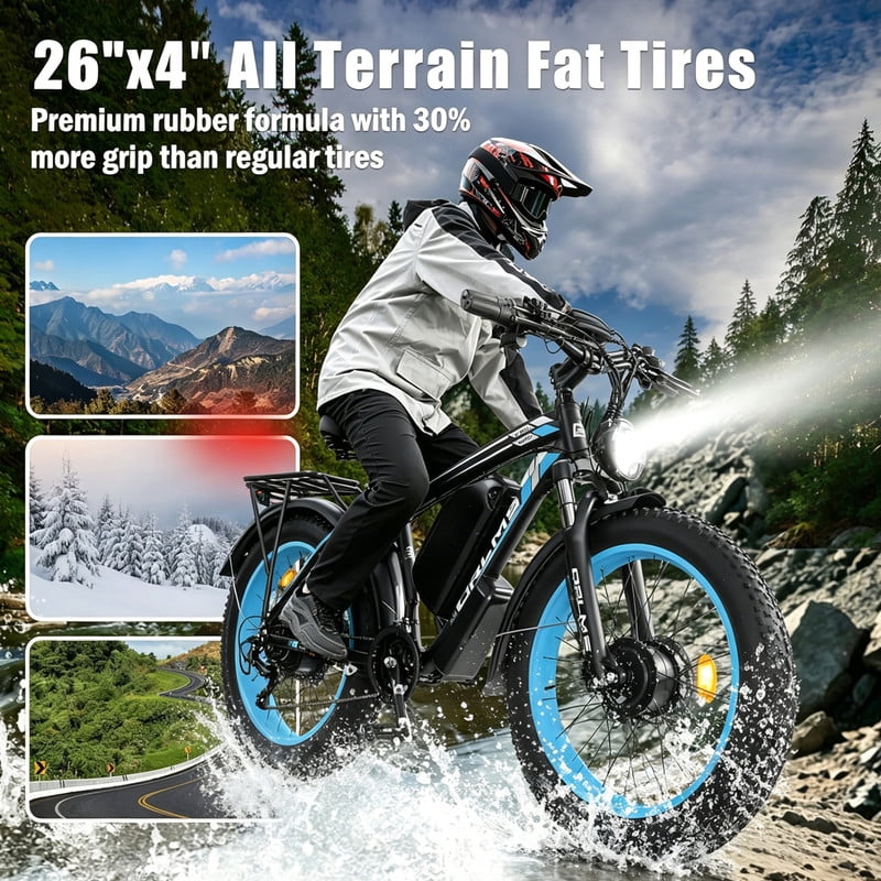 5000W Peak Electric Bike, 60V 25AH Battery Ebike for Adults, Dual Motor AWD Ebike 50MPH 21-Speed ,Long Range Mountain EBike with 26" x 4.0 Fat Tire, All-Road Mountain Bike UL2849, Christmas Gift
