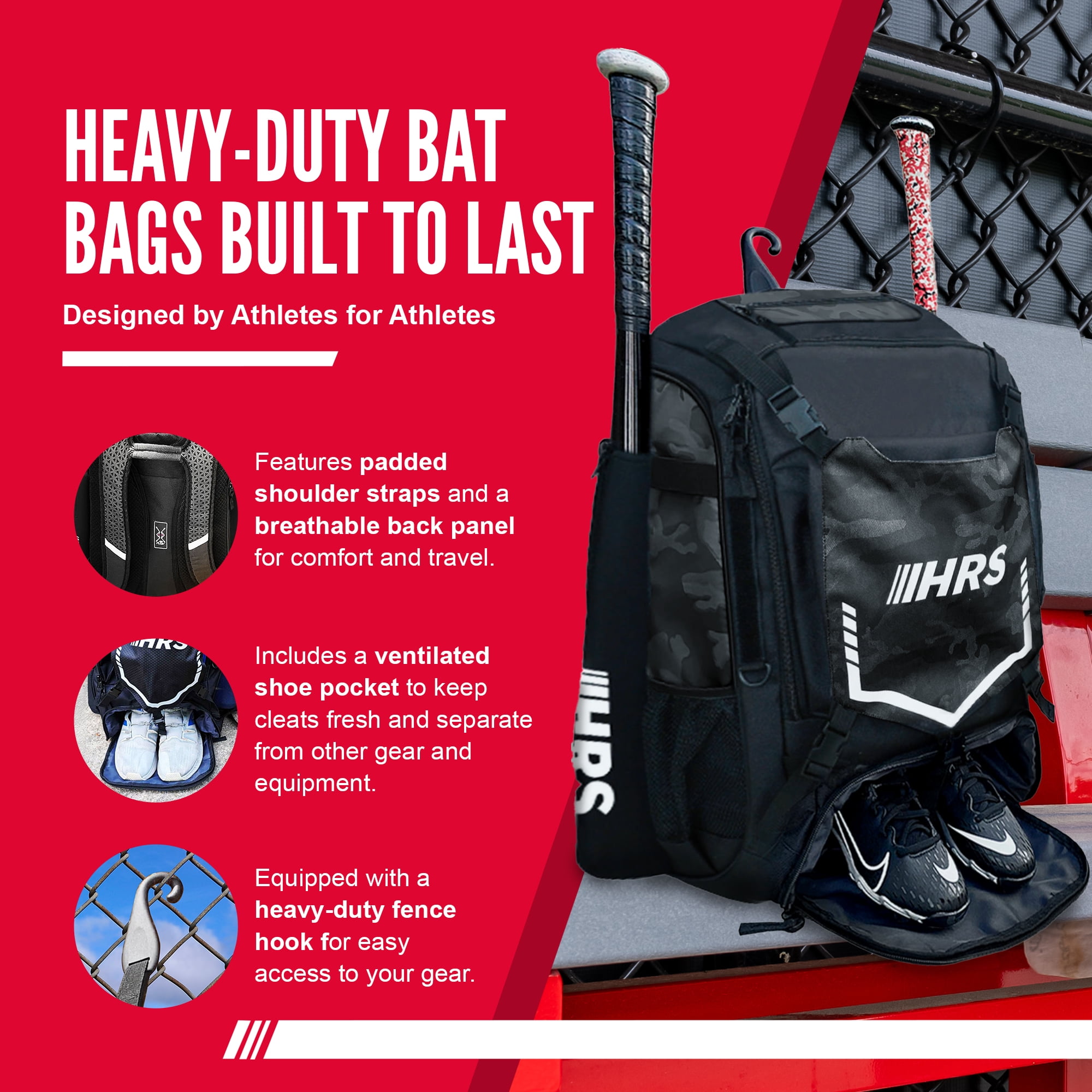 Hit Run Steal Bat Bag Backpack, Holds 4 Bats, Glove, and Helmet, Black Camo