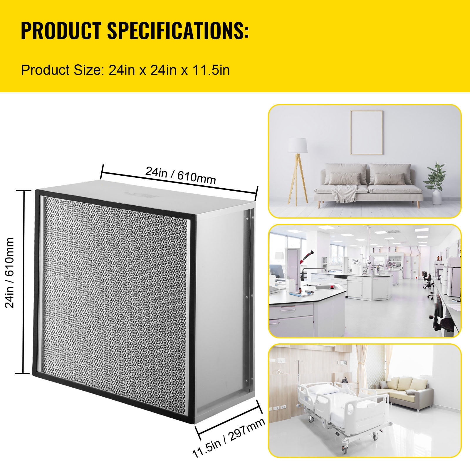 VEVOR Filter Replacement, 24''x24''x11.5'' AC Filter, True HEPA Pleated Air Filter, Air Filter Replacement with Durable Galvanized Frame, 99.97% Standard Filter Compatible