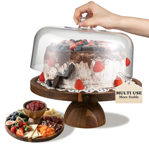 JOGGEIL Acacia Wood Cake Stand with Lid, 12 Inch Cake Stand with Dome, 6-in-1 Multi-Functional Dessert Table Display Set & Charcuterie Board for Birthday, Party, Wedding, Shatterproof Acrylic Cover