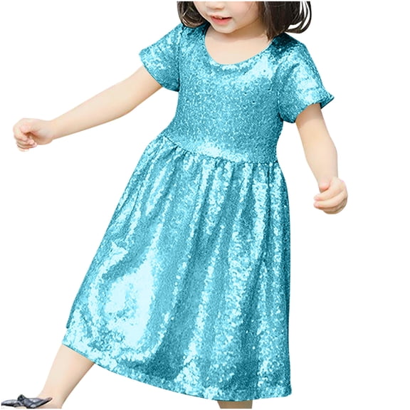 Zpanxa Dresses for Girls, Kids Fashion Solid Color Sequin Zipper Short Sleev Round Neck Dress Sky Blue 6-7 Years