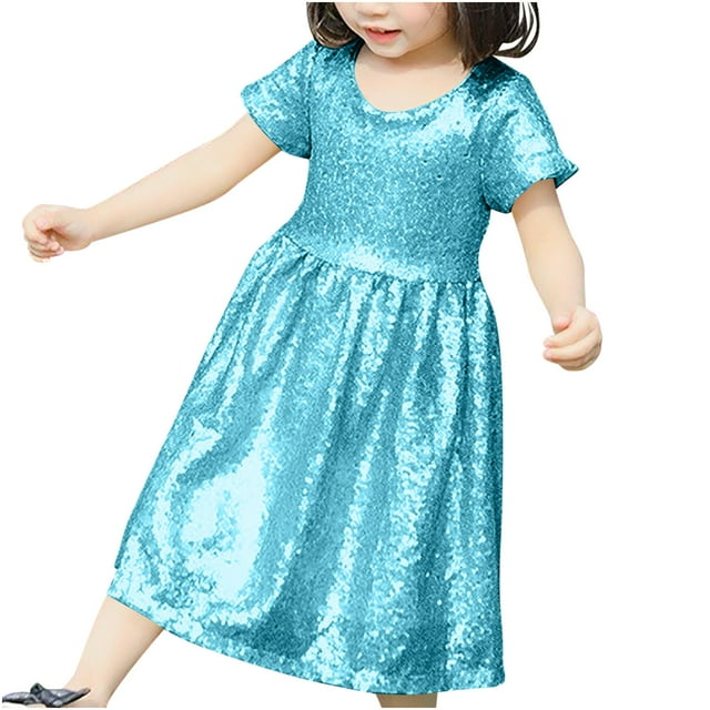 ameIAEA Robe à Sequins pour Filles Manches Courtes Col Rond Robes de Fête Scintillantes 3-8 Ans