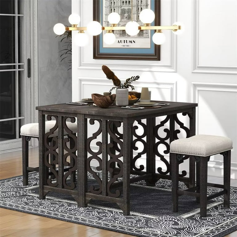 3 Piece Dining Table Set Solid Wood Counter Height Pub Set with Foldable Table and 2 Saddle Stools Retro Dining Set for Kitchen Small Space Space Saving Dinette Espresso Walmart
