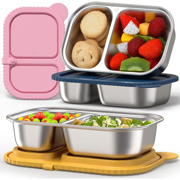 Lksixu Stainless Steel Bento Box, 2 Compartments Snack Containers with Silicone Lids, Reusable Divided Meal Prep Food Containers Leak-Proof BPA-Free Metal Lunch Box for Travel, Office, Camping