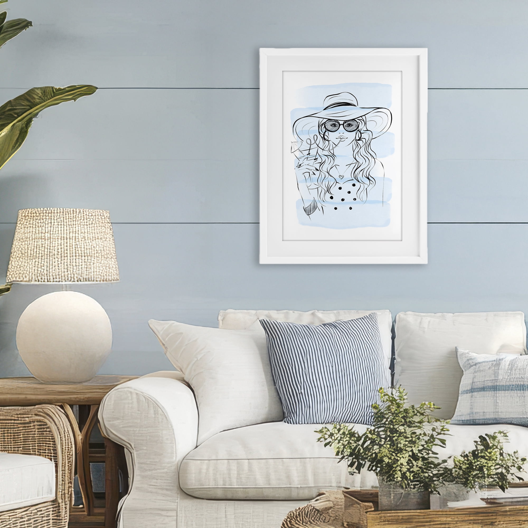 Stupell Industries Sipping Drink Girl in Sun Hat White Framed Print Under Glass, design by Martina Pavlova