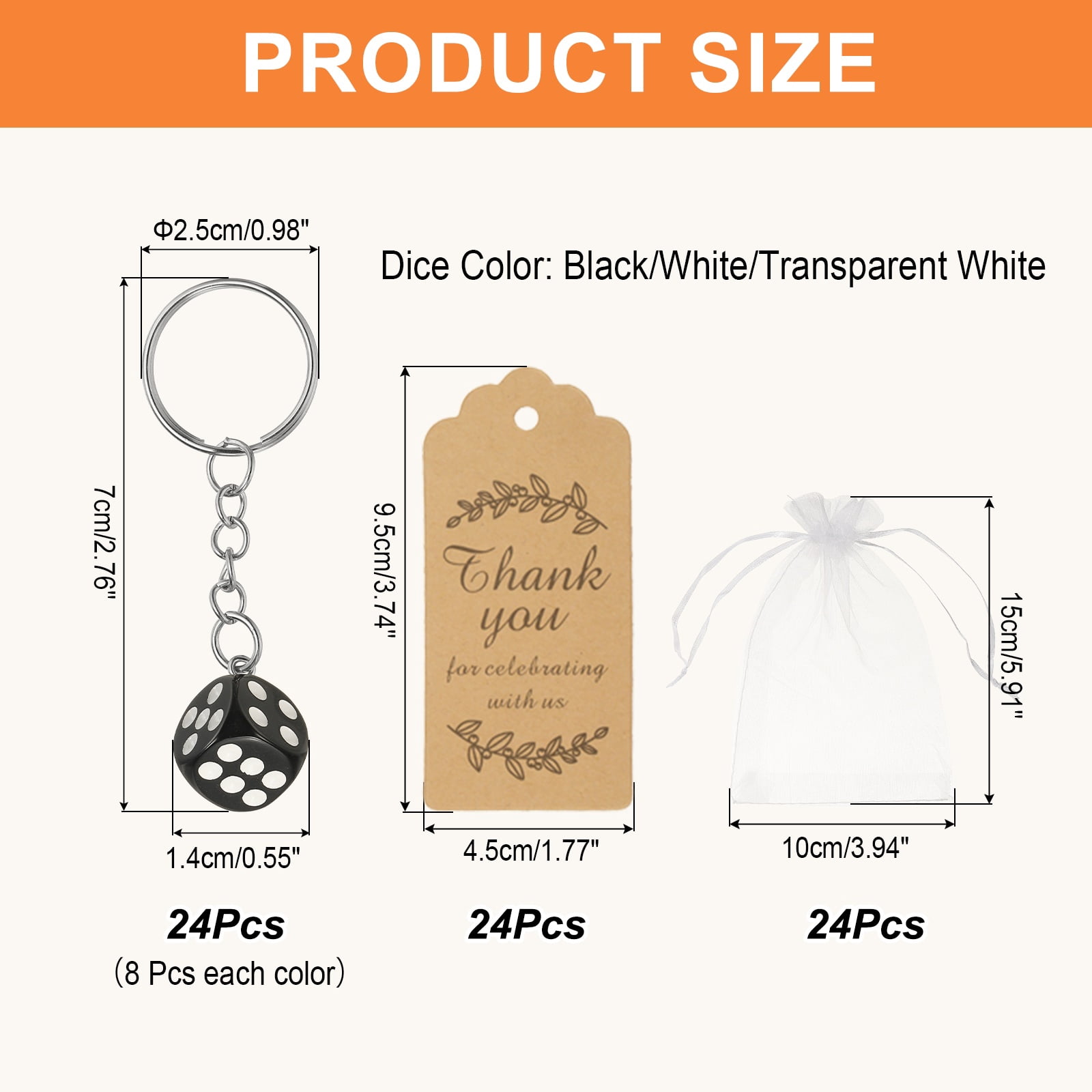 Uxcell Dice Key Chains Bulk with Jute Twine Gift Tag/Mesh Bag, Creative Keyring Charm Pendant for Bag Wallet Purse Car Cellphone Accessories, Black/White/Transparent White