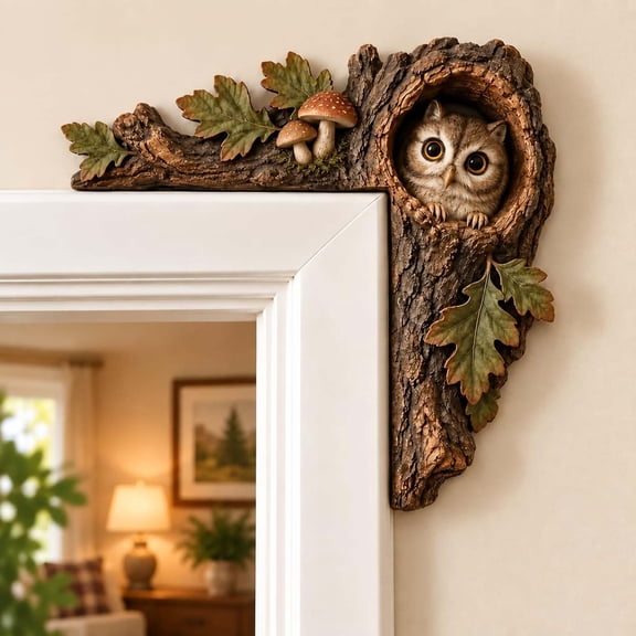 Diceymbol Chipmunk Tree Hollow Door Topper Woodland Animal Door Frame Decoration, Owl 2D Wooden Corner Sign with Mushrooms for Rustic Home Decor