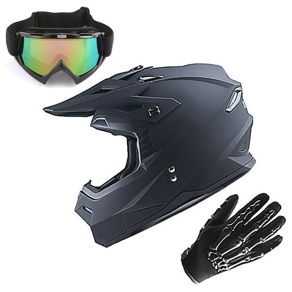 1Storm Youth Kids Motocross Helmet BMX MX Bike Helmet Teenager Racing Style Youth_HF801; Matt Black Goggles Skeleton Glove Bundle