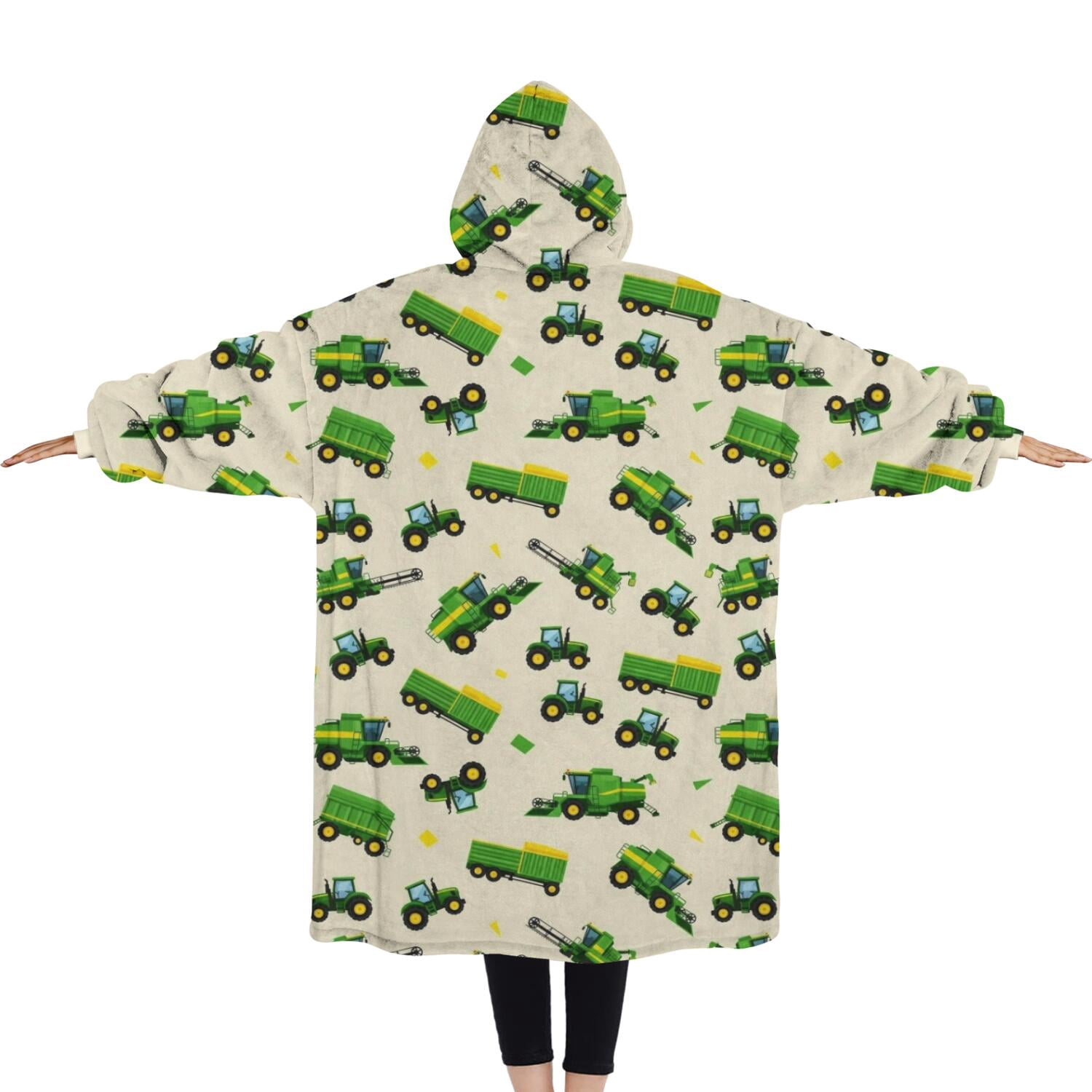 Oversized Wearable Blanket Hoodie,Cartoon Tractors Green Beige Pattern Sherpa Blanket Hoodie with Super Pockets,Super Warm Fuzzy Pullover for Women & Men