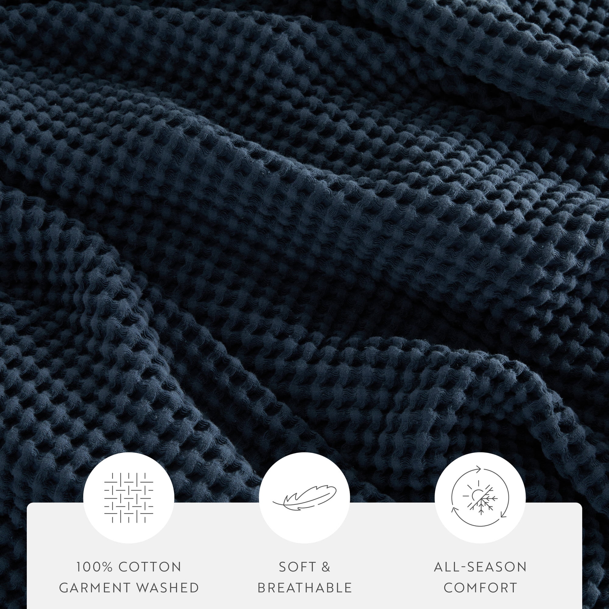 Noble Linens 100% Cotton Waffle Texture Bed Blanket, Navy, King/Cal King