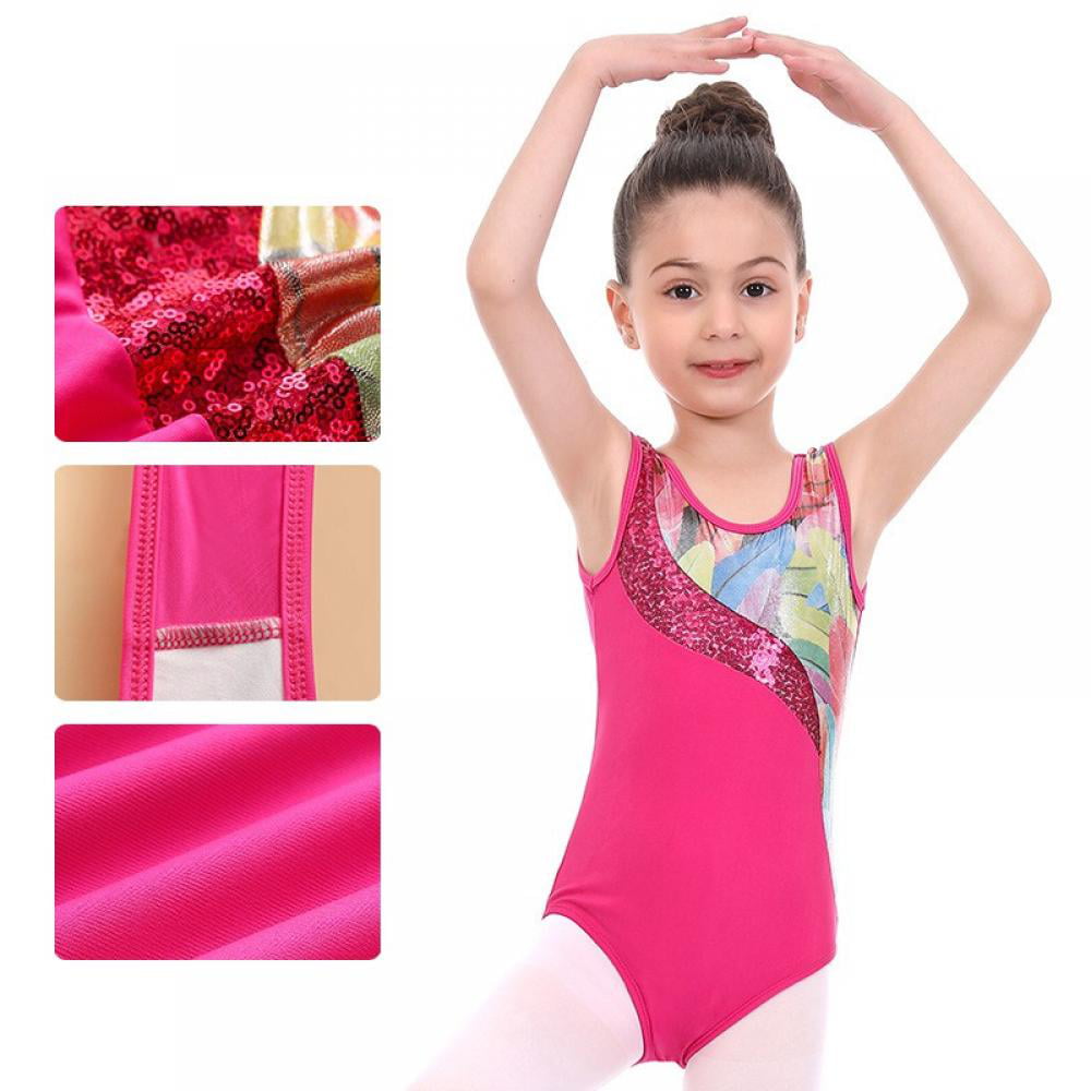 Arshiner Girls' Gymnastics Solid Sparkle Leotard One-piece suits Rose Red  120(Age for 4-5Y)