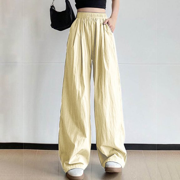 ClodeEU Women's Wide Leg Pants,Stretchy High Waisted Pants, Loose Fit Casual Trousers Drawstring with Pocket Yellow,Womens Plus M