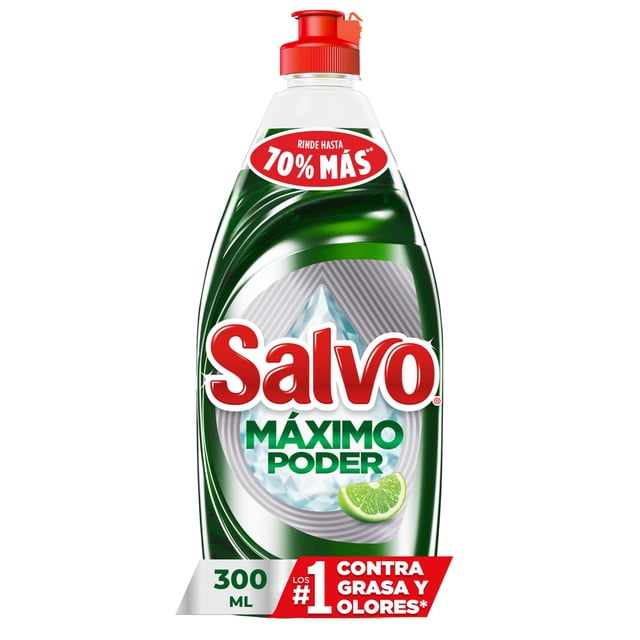 Jabón Líquido para Trastes Salvo Máximo Poder Limón, Rinde hasta 70% Más**, 300 ml