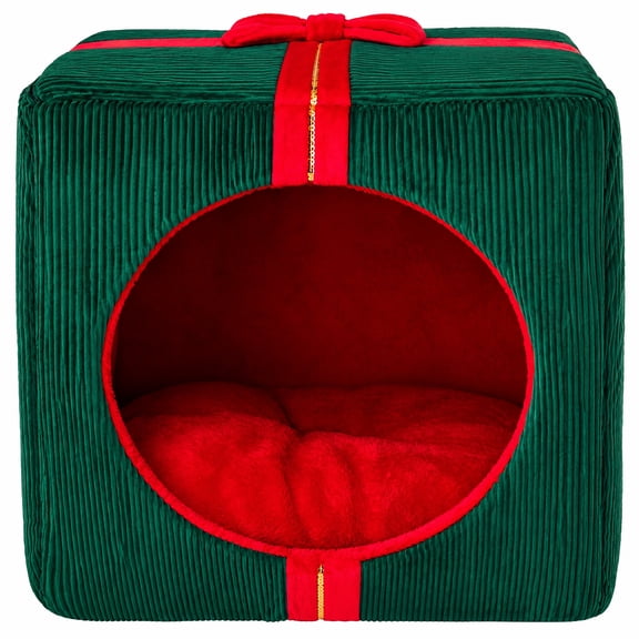Vibrant Life Holiday Medium Gift Box Pet Bed, Red and Green, 25" x 25" x 24"