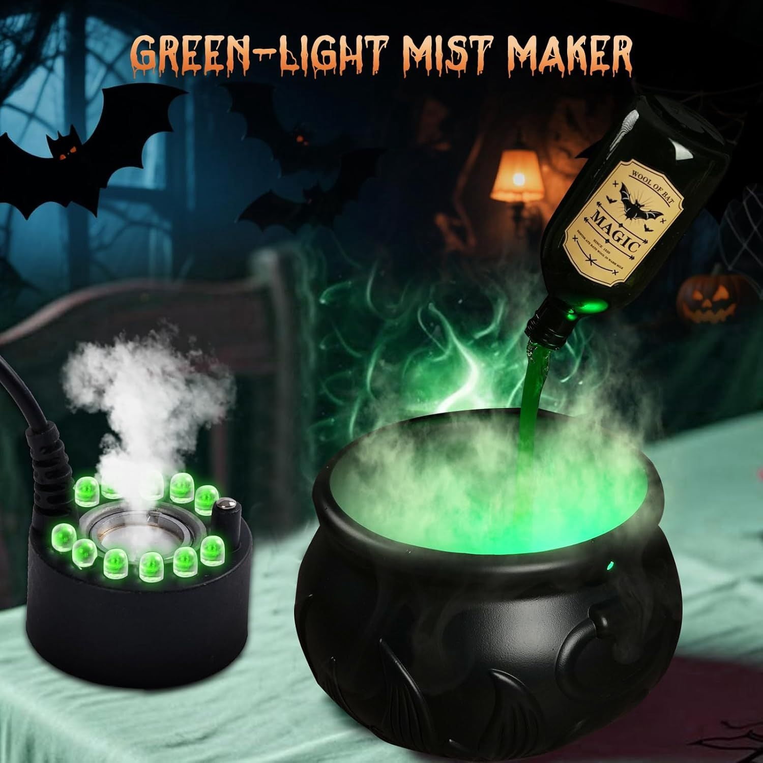 Halloween Decorations Indoor, DIY Floating Potion Set with Witches Cauldron and Mist Maker - Spooky Vintage Black Plastic Bowl Hocus Pocus Party Decor for Home Table Mantel Kitchen Room