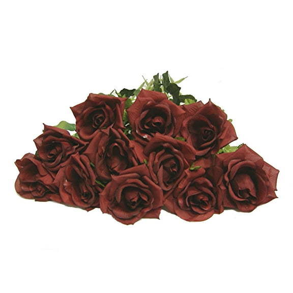 Wine Red Garden Rose 24in Artificial Polysilk Faux Fake Open Bloom Flower Long Stem for Craft Home Outdoor Bouquet Arrangement Ceremony Wedding Arch Floral Wall Aisle Decor (Burgundy, Set of 2 Dozen)