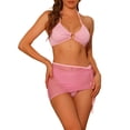 thumbnail image 1 of Conjuntos de bikini de anillo con halter para mujeres, traje de baño de 3 piezas con falda de malla con cordón, sarongs pequeños en color rosa, 1 of 5