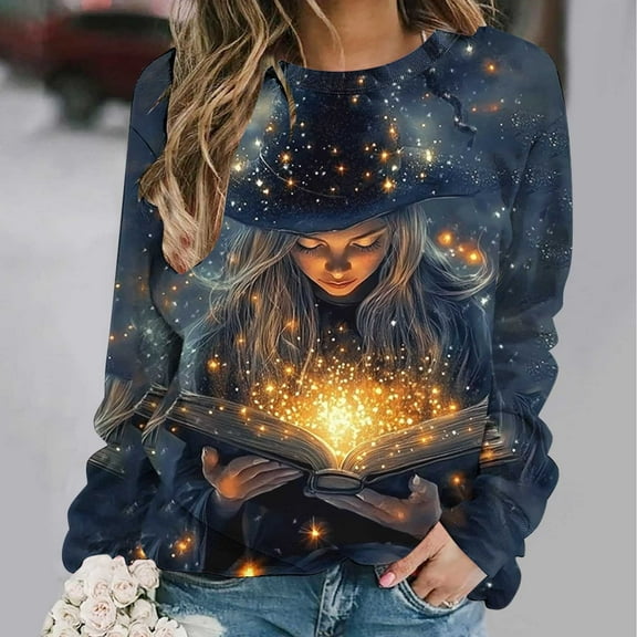 Uootdi Women's Halloween Witch Glow Book Sweatshirt - Crew Neck Long Sleeve Pullover, Casual Spooky Season Top, Trendy 3D Graphic Shirt, Versatile Fall Outwear Multicolor Women Top