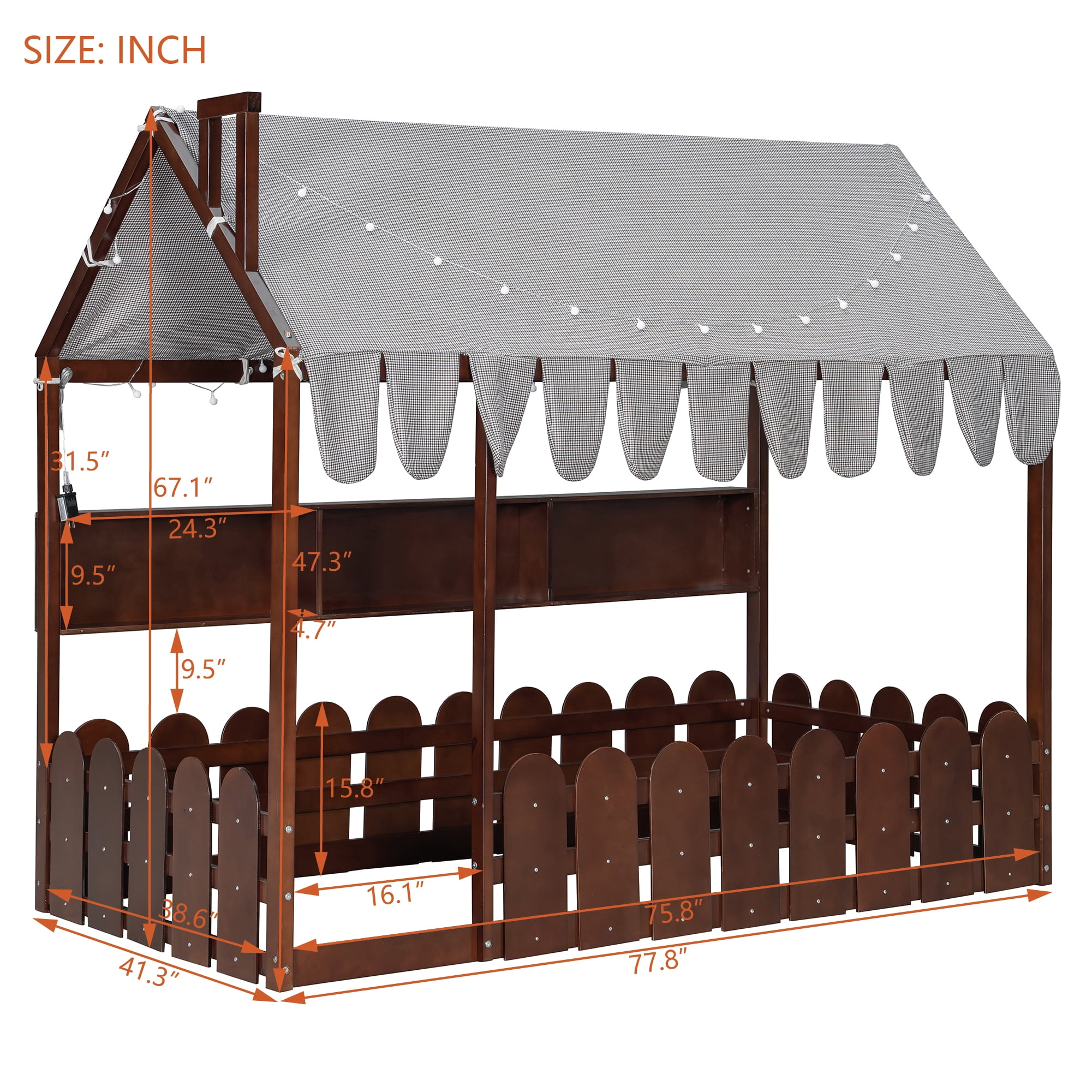 Aukfa Twin House Bed with Fence and Tent for Kids, Wooden Montessori Bed with LED Lights & Storage Shelves for Toddler Boys and Girls Bedroom, Espresso