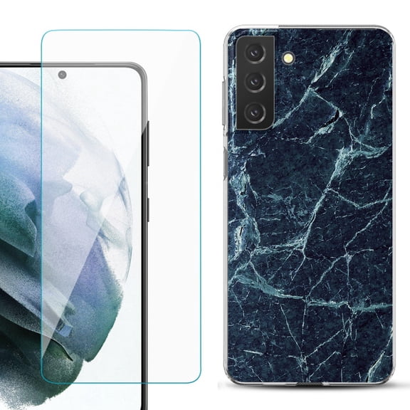 Slim-Fit TPU Fashion Phone Case for Samsung Galaxy S21 FE 5G Fan Edition, with Tempered Glass Screen Protector, by OneToughShield ® - Marble / Blue