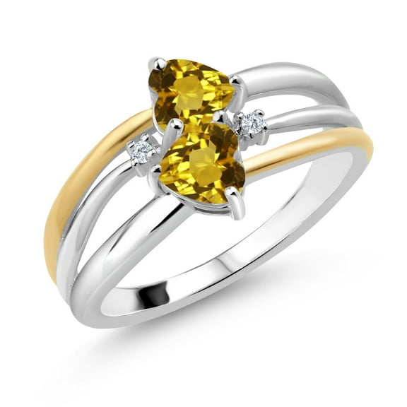 Gem Stone King 925 Silver and 10K Yellow Gold Yellow Citrine and White Lab Grown Diamond Band Ring for Women (0.94 Cttw, Gemstone November Birthstone, Heart Shape 5MM, Size 8)