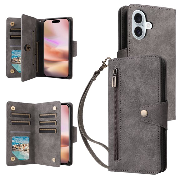for iPhone 16 Plus Wallet Case with Card Slots & Zipper Pocket, PU Leather TPU Full Body Protective Phone Case with Kickstand Magnetic Clasp Wrist Strap Shockproof Rugged Cover, Gray