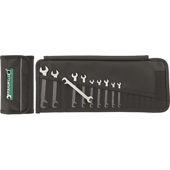 Stahlwille 96400653 Ensemble de Petites Clés Électriques à Double Extrémité Ouverte, Ensemble de Clés 10 Pcs dans un Boîtier Enroulable, Position de Mâchoire 15 Degrés & 75 Degrés, Acier Alliage Chromé & Plaqué Chrome