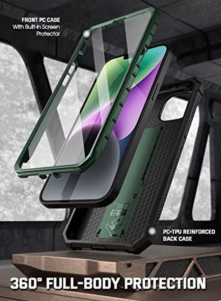 Poetic Spartan Case for iPhone 14, Full Body Rugged Case with Kickstand, Metallic Green