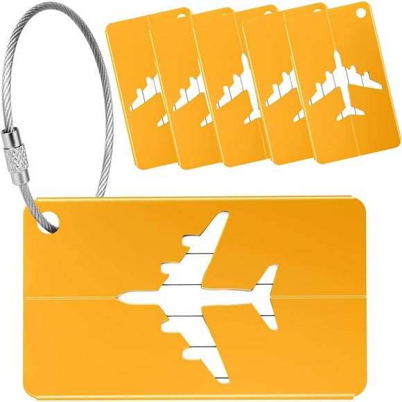 SHAR Étiquette de Bagage 6 Piece(Gold) Avion Valise Étiquette en Alliage d'Aluminium Étiquette de Bagage avec des Chaînes en Acier Inoxydable et Imperméable à l'Eau PVC Carte Bagages Étiquettes