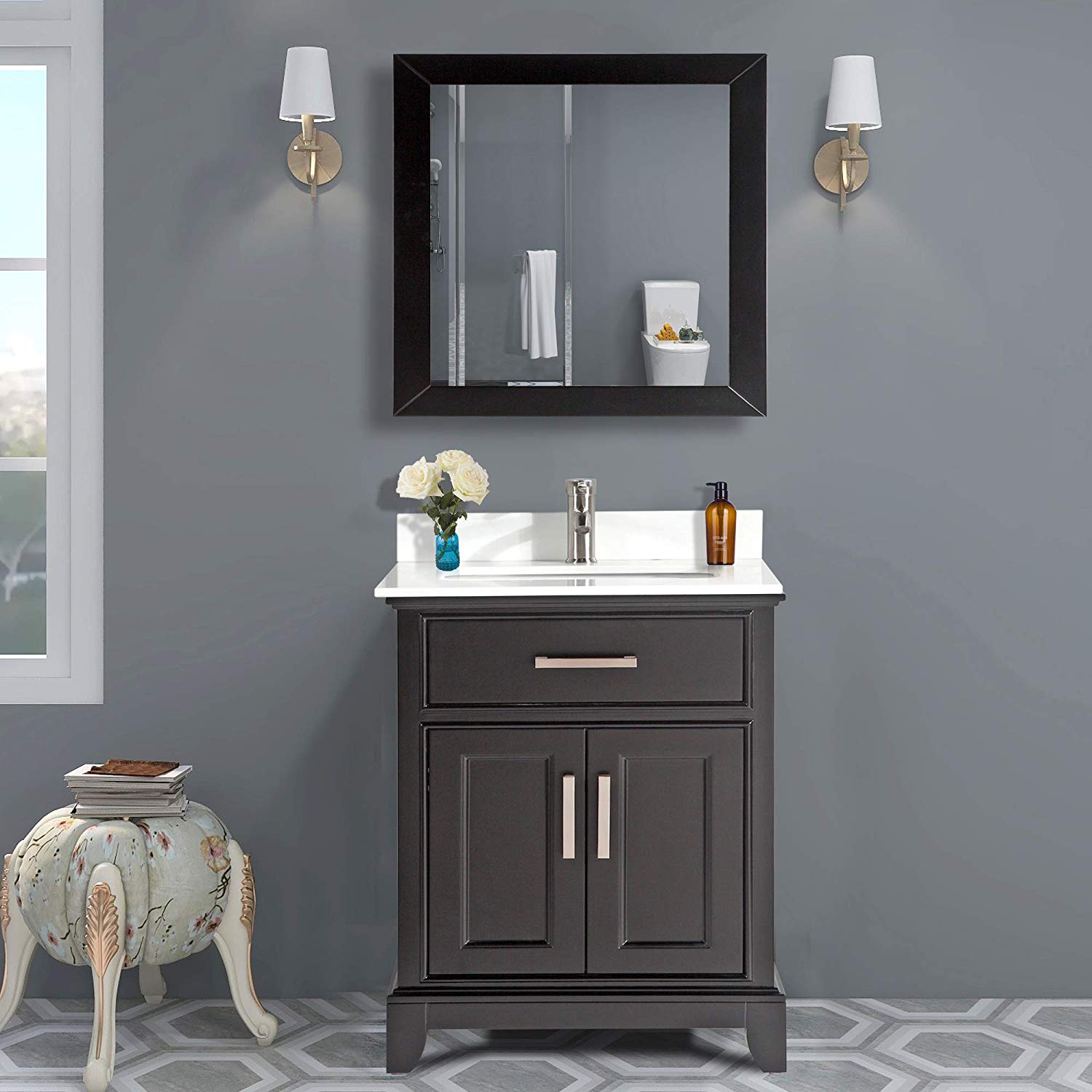 Vanity Art 30" Single Sink Bathroom Vanity Set Modern Carrara Marble Stone Top Under Sink