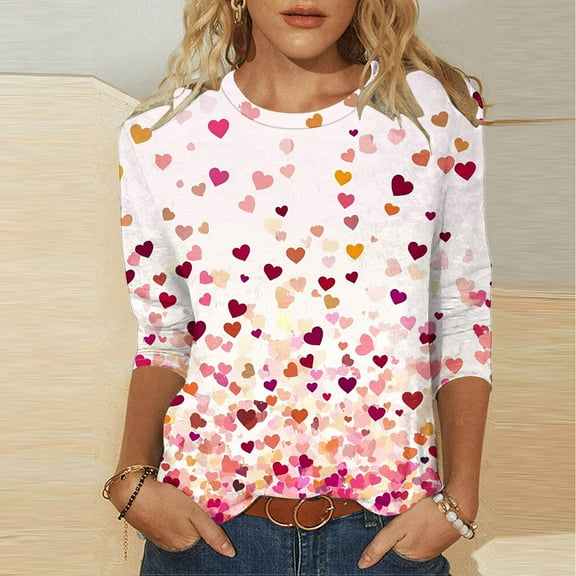 Sweatshirt Women 3/4 Sleeve Heart Graphic Oversized Crewneck Pullover Loose Travel Drop Shoulder Valentine Tee Shirts Fashion Outfits