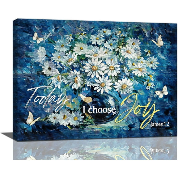Farmhouse Navy Blue Daisy Flower Decor Wall Art Rustic Floral Butterfly Today I Choose Joy Pictures Wall Decor Canvas Painting Prints Artwork Decorations Framed for Bathroom Bedroom Kitchen 16"x12"